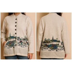 VTG GEIGER W Lrge Village Winter Christmas Scene Button Up Cardigan/jacket Horse
